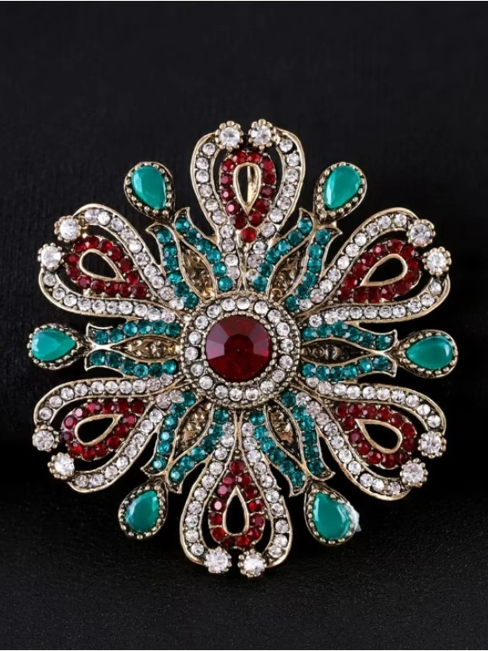 Vintage-Inspired Floral Brooch in Red and Teal Crystal